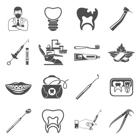 Dental Services and Stomatology icons set in flat style. Doctor, dentist chair, braces, x-ray, cartridge syringe, carpula and implant. Isolated vector illustrationのイラスト素材