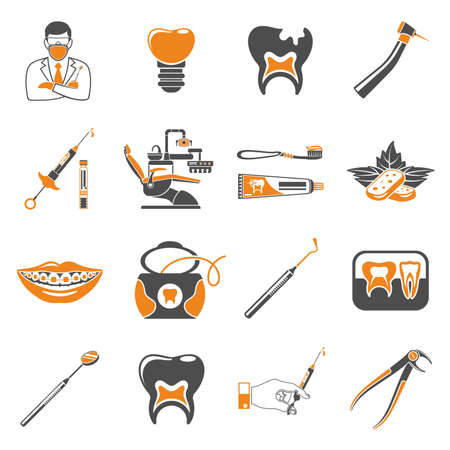 Set Dental Services and Stomatology two color icons in flat style. Doctor, dentist chair, braces, x-ray, cartridge syringe, carpula and implant. Isolated vector illustrationのイラスト素材