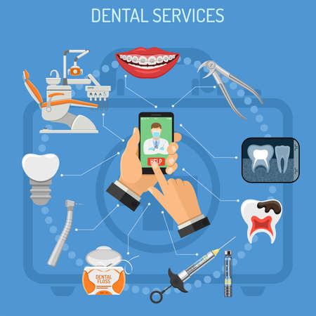 Online dentistry and dental services concept with flat icons dentist chair, hands, smartphone, dentist, braces, cartridge syringe, x-ray and implant. vector illustrationのイラスト素材