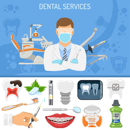 Dental Services banner and infographics with Oral Hygiene and Dental Clinic. Icons in Flat Style Doctor, Dentist Chair, Tooth and Braces. vector illustrationのイラスト素材