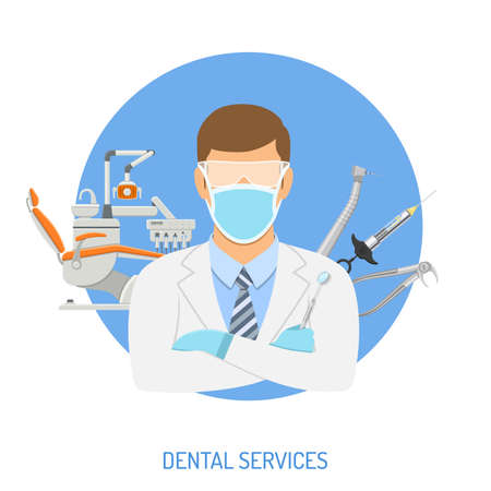 Dental Clinic Concept with flat icons dentist chair, dentist doctor, forceps, cartridge syringe and dental tools. isolated vector illustrationのイラスト素材