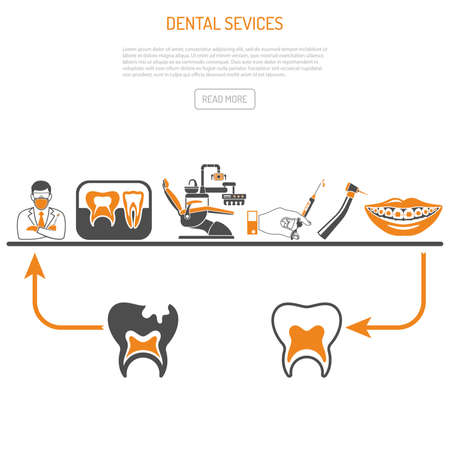 Process of Dentistry Concept with flat two color icons dentist, braces, dental drill, x-ray, syringe and dentist chair. isolated vector illustrationのイラスト素材