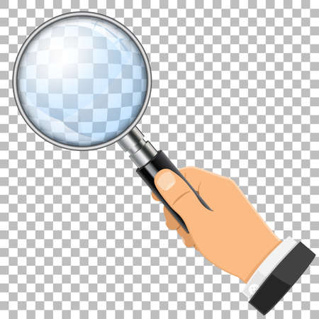 3D Realistic Magnifying Glass (Loupe) in Hand on transparent background. isolated vector illustrationのイラスト素材