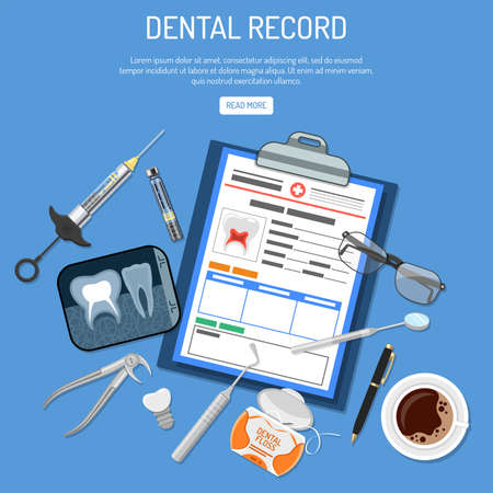 Medical Dental record concept with flat icons card of patient, cartridge syringe, x-ray and dental tools. isolated vector illustrationのイラスト素材