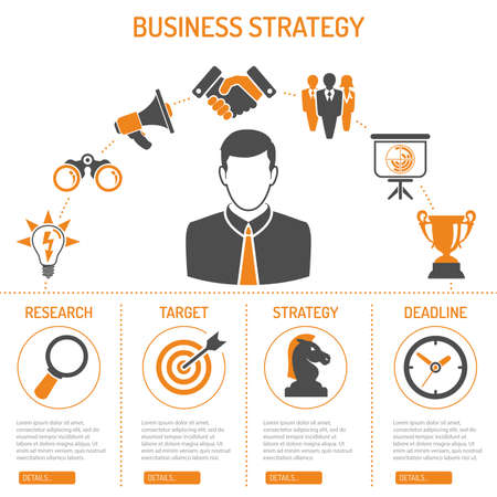 Business Strategy Process Concept and Infographics with two color flat icons like Target, Strategy, Idea, Research, Teamwork and Success. isolated vector illustrationのイラスト素材