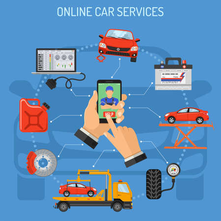 Online Car Service and Maintenance Concept. Man holding smart phone in hand and calls mechanic. Flat style icons diagnostics, tow truck, brake, accumulator. vector illustrationのイラスト素材