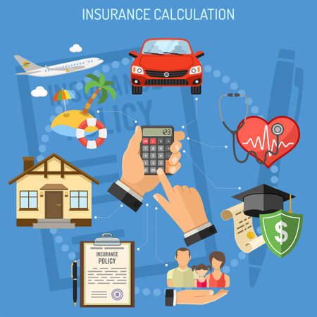 Concepts Insurance Services Calculation. Man holding calculator in hand and buying insurance policy. flat style icons Car, House, Medical, Education and Vacation insurance. vector illustrationのイラスト素材