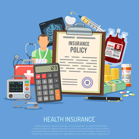 Health Insurance Services Concept with flat icons Insurance Policy, Calculator, Medicines and Money. Isolated vector illustrationのイラスト素材