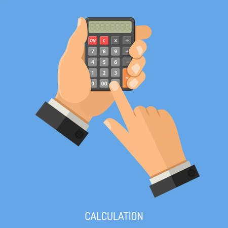 Calculation and Counting Concept. Man holding calculator in hand and does calculation. flat style icons. Isolated vector illustrationのイラスト素材