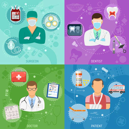 Medical square banners Surgeon, Dentist, Doctor and Patient with flat icons syringe, cardiogram, blood container, tooth and ambulance. vector illustrationのイラスト素材