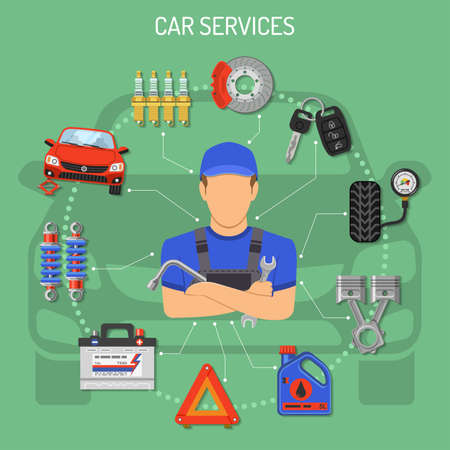 Car Service and Assistance Concept with Flat Icons Mechanic and Car Tools. Vector illustration.のイラスト素材