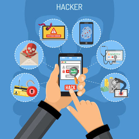 Cyber Crime Concept. Hacker holding smart phone in hand and hacks password. Flat style icons Hacker, Virus, Bug, Spam and Social Engineering. vector illustrationのイラスト素材