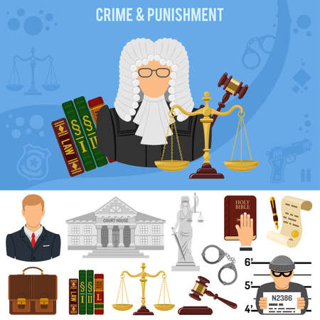 Crime and Punishment banner and infographics. Flat Style Icons Lawyer, Judge, Handcuffs and Court House. vector illustrationのイラスト素材