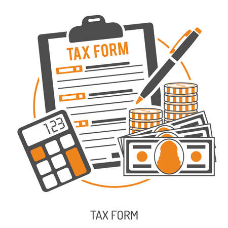 Tax calculation, accounting, payment, paperwork concept. Government taxes, financial research, report. Calculation of tax return. Two color flat style icons. Isolated vector illustrationのイラスト素材