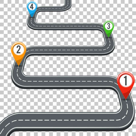 Business Concept with Timeline Road Infographics and Pin Pointers on Transparent Background. Flat style icons. Isolated Vector Illustrationのイラスト素材