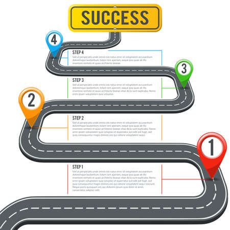 Business Concept with Timeline Road Infographics, Pin Pointers and Road Sign Success. Flat style icons. Isolated Vector Illustrationのイラスト素材