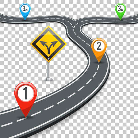 Business Concept with Timeline Road Infographics, Pin Pointers and Road Sign on Transparent Background. Flat style icons. Isolated Vector Illustrationのイラスト素材