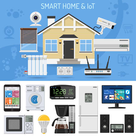 Smart Home and internet of things concept. Smartphone controls smart house like security cam, lighting, air conditioning and music center. Flat style icons. Isolated vector illustrationのイラスト素材