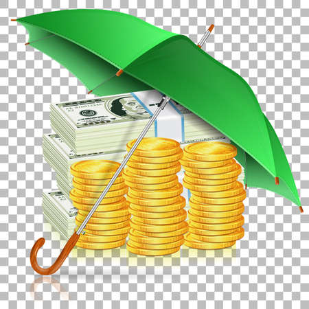 Monetary stability, success in business and protect against inflation concept. Umbrella protects money. Isolated vector illustration on transparent background.のイラスト素材