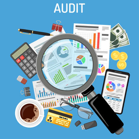 Auditing, Tax process calculation, Accounting concept. Magnifying glass checks financial report. Charts on documents and smartphone screens. Flat style icons. Isolated vector illustration.のイラスト素材