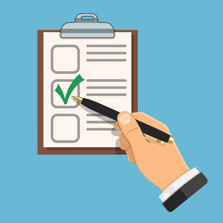Auditing, Accounting concept. Auditor holds pen in hand and fills checklist. Flat style icons project management, analysis, data. Isolated vector illustrationのイラスト素材