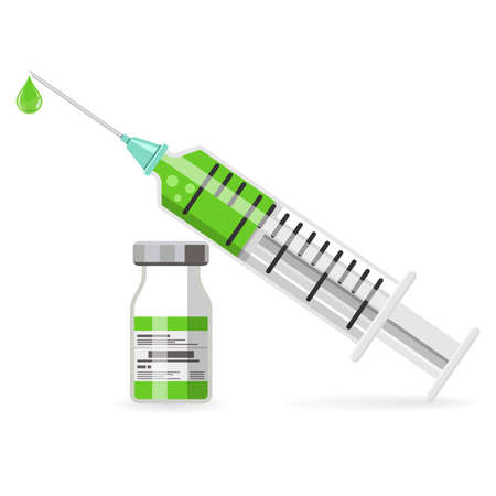 Icon plastic medical syringe with needle, drop and vial in flat style. Concept of vaccination, injection. Isolated vector illustrationのイラスト素材