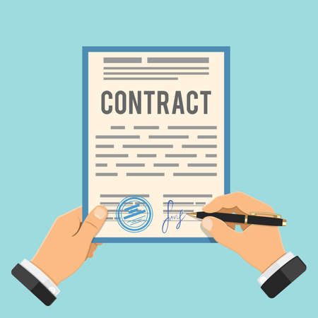 Businessman Signing contract. One hand holds contract, other hand signs business agreement contract with pen. Flat style icons. Isolated vector illustrationのイラスト素材