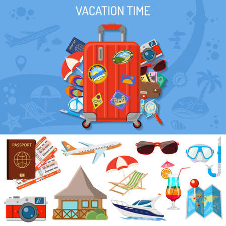 Vacation and Tourism Banner with Flat Icons Planning, Luggage, Trip, Cocktail, Island, Aircraft and Suitcase. Isolated vector illustrationのイラスト素材
