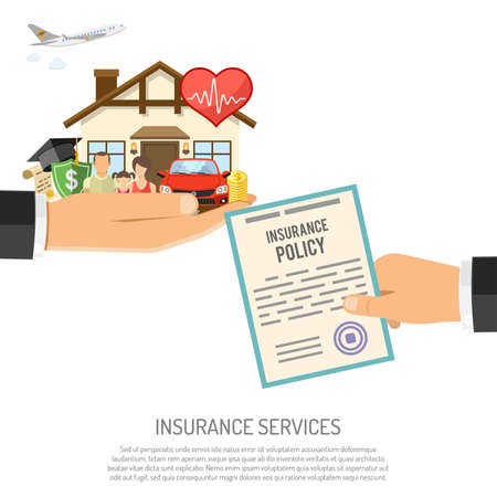Insurance Services Concept with Flat Icons for Poster, Web Site, Advertising like House, Car, Medical, Travel and Family insurance in Hand. Isolated vector illustrationのイラスト素材
