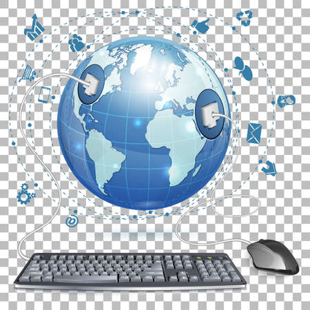 Social Media Concept. Mouse and Keyboard Connected to Earth with Social Network Icons. Vector illustration on Transparent Backgroundのイラスト素材