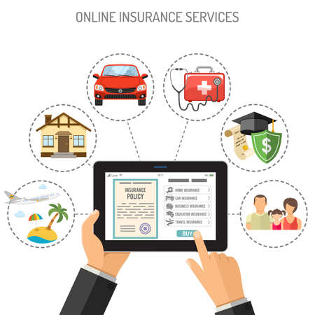 Concepts online insurance services. Man holding tablet pc in hand and touching buy app. Flat style icons Car, House, Medical, Education and Vacation. Isolated vector illustrationのイラスト素材