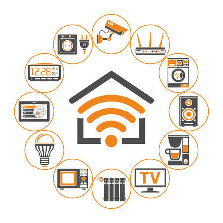 Smart Home and Internet of Things Concept. Smart House controls devices like microwave, loudspeaker, tv and security camera. Flat style two color icons. Isolated vector illustrationのイラスト素材