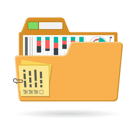 Open Folder Icon with Document and Infographics. Flat Style. Isolated Vector Illustrationのイラスト素材