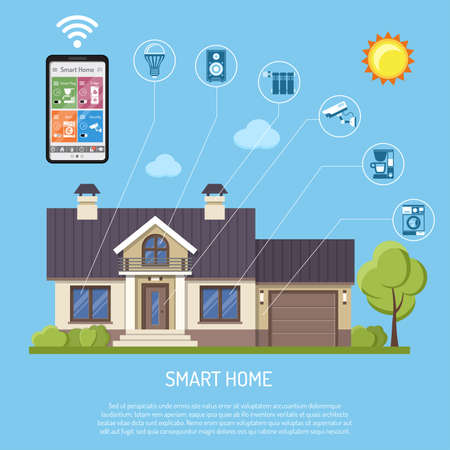 Smart Home and internet of things concept. Smartphone controls smart house like security cam, lighting, radiator and music center flat icons. Isolated vector illustrationのイラスト素材