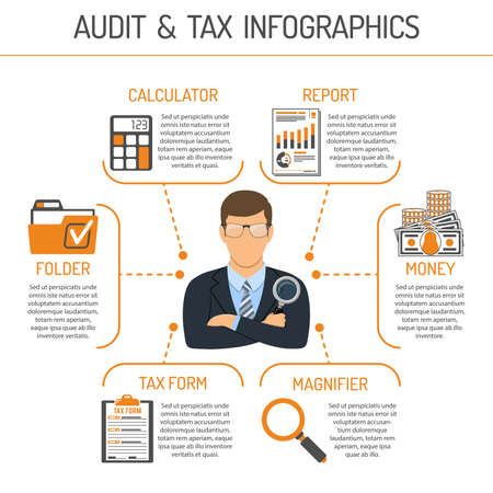 Auditing, Tax, Accounting Infographics. Auditor Holds Magnifying Glass in Hand and Checks Financial Report with Charts, Calculator and Folder. Flat Style Icons. Isolated vector illustrationのイラスト素材