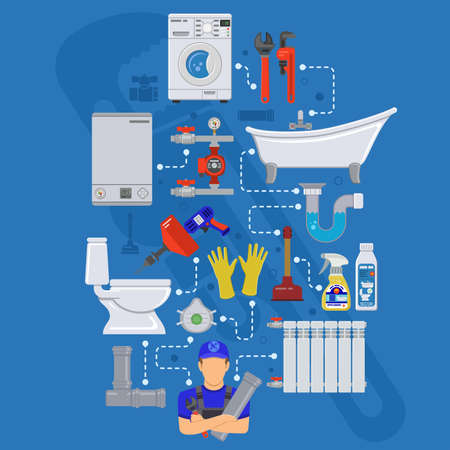 Plumbing Service Infographics Installation, Cleaning and Repair with Plumber, Tools and Device Flat Icons. Isolated vector illustrationのイラスト素材