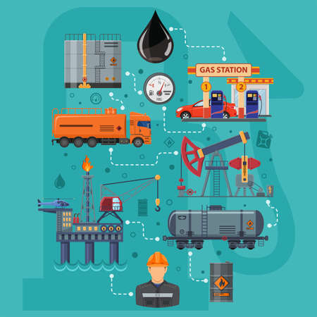 Oil industry Infographics with Flat Icons extraction production and transportation oil and petrol with oilman, rig and barrels. Isolated vector illustration.のイラスト素材