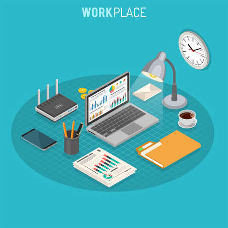 Business Workplace Isometric Concept with laptop, charts, router and smartphone isometric icons. Vector illustrationのイラスト素材