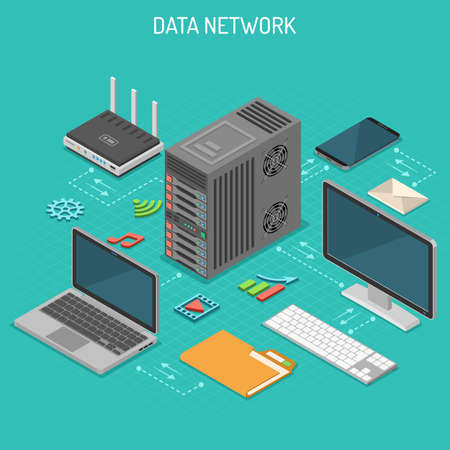 Data Network Isometric business concept with network server, computer, laptop, router and multimedia icons. Storage and transfer data. Vector illustrationのイラスト素材