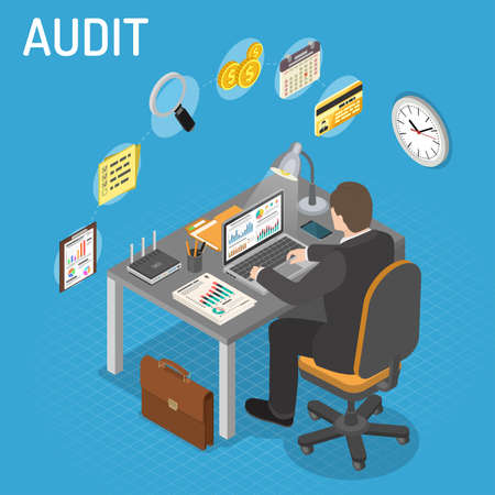 Auditing, Tax, Accounting Isometric Concept. Auditor works on laptop and Checks Financial Report. Charts, magnifier, router and smartphone isometric icons. Vector illustrationのイラスト素材