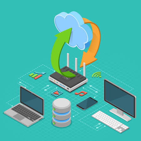 Cloud Computing Technology Isometric Concept with Computer, Laptop, Smartphone, Database and Arrow Icons. Security cloud storage server. Vector illustrationのイラスト素材
