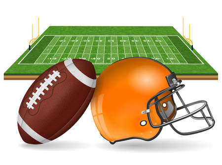 American football field with realistic ball, goal, helmet, line and grass texture isolated vector illustration.のイラスト素材