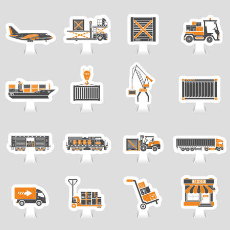 Cargo transport, packaging, shipping and logistics two color sticker icon set such as truck, air cargo, train, shipping vector illustration.のイラスト素材