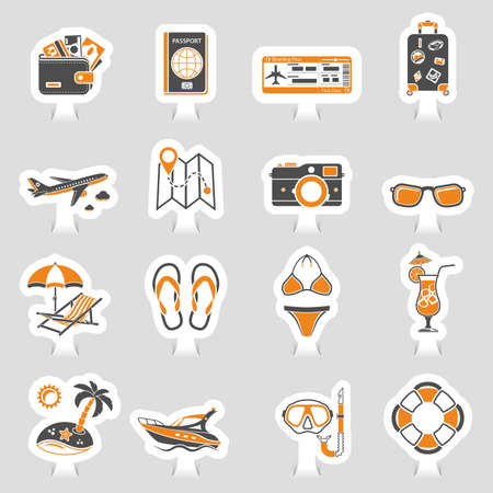 Vacation and Tourism Icons Sticker Set for Mobile Applications, Web Site, Advertising like Boat, Cocktail, Island, Aircraft and Suitcase. Vector illustrationのイラスト素材