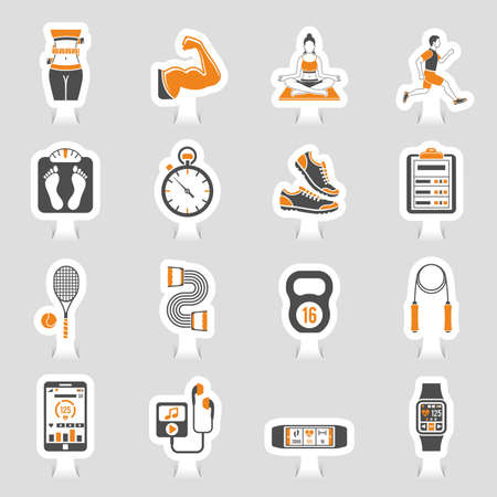 Fitness, Gym, Health Sticker Icons Set for Mobile Applications, Web Site, Advertising like Yoga, Runner, Weight and Gadgets. Vector illustrationのイラスト素材