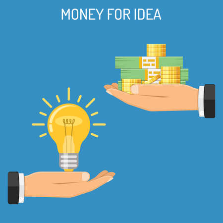 Hand with light bulb and other hand giving money. Crowdfunding, innovation, idea, investments concept. Flat style icons. Isolated vector illustrationのイラスト素材