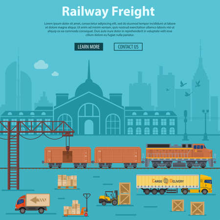 Railway Freight Delivery and Logistics with flat Icons train, delivery, station, truck, rails and forklift. Vector illustrationのイラスト素材