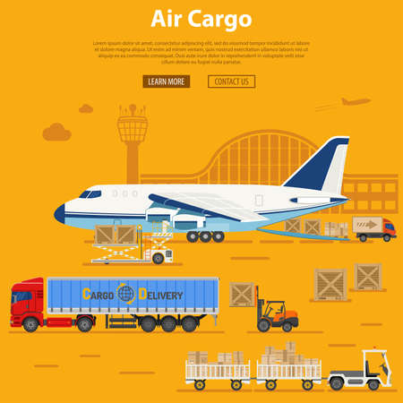 Air Cargo Delivery and Logistics with flat Icons truck, aircraft, airport, tug and forklift. Vector illustrationのイラスト素材