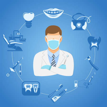 Dental Clinic Concept with flat two color icons dentist chair, dentist doctor, braces, cartridge syringe and dental tools. Isolated vector illustrationのイラスト素材