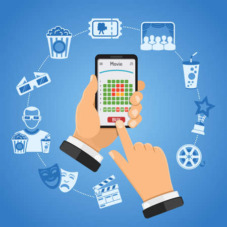 Concepts online cinema ticket scheduling with Man holding smartphone vertically in hand and buys ticket in movie app. Isolated vector two color flat icon illustrationのイラスト素材